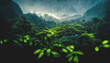 Leinwandbild Motiv Exotic foggy forest. Jungle panorama, forest oasis. Foggy dark forest. Natural forest landscape. 3D illustration.