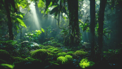 Exotic foggy forest. Jungle panorama, forest oasis. Foggy dark forest. Natural forest landscape. 3D illustration.