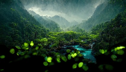 Exotic foggy forest. Jungle panorama, forest oasis. Foggy dark forest. Natural forest landscape. 3D illustration.