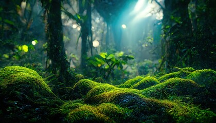 Exotic foggy forest. Jungle panorama, forest oasis. Foggy dark forest. Natural forest landscape. 3D illustration.