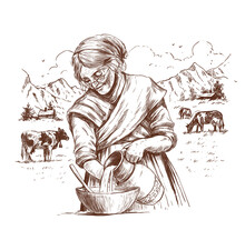 Drawing In The Old Style, Engraving, Sketch. An Old Woman In The Pasture Pours Milk.