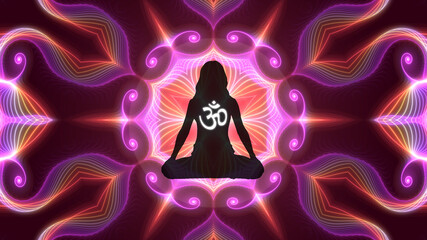 Wall Mural - Silhouette of a girl in Lotus position on the background of the fractal universe. A state of trance and deep meditation. A spiritual journey in the universe.