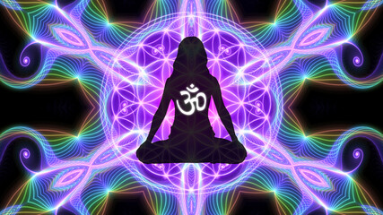 Wall Mural - Silhouette of a girl in Lotus position on the background of the fractal universe. A state of trance and deep meditation. A spiritual journey in the universe.