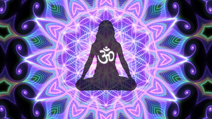 Wall Mural - Silhouette of a girl in Lotus position on the background of the fractal universe. A state of trance and deep meditation. A spiritual journey in the universe.