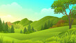 Lush green valley with mountain slope and trees vector illustration