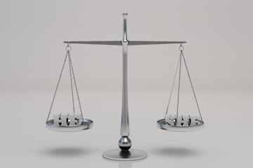 metal scales on a white background with shadows. measuring the weight of products. equilibrium. on the scales he and she. equality. 3d render. 3d illustration