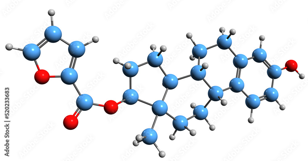 3D image of Estradiol furoate skeletal formula - molecular chemical structure of  estrogen medication isolated on white background
