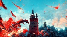 A Red Gothic Fantasy Tower Or Fortress With A Clear Blue Sky Fairytale Or Adventure