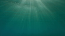 Sunrays Penetrate Through The Surface Of The Water. Underwater Light Creates A Beautiful Veil, Consisting Of Sunlight. Range Rays Of The Sun At Sunset Under The Surface Of The Water. Red Sea, Egypt