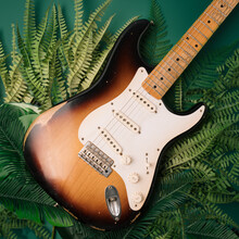 50s Strat Laid On Forest Leaves. Electricity And Nature Conceptual Background.