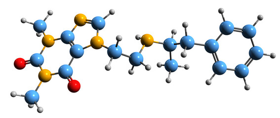 3D image of Fenethylline skeletal formula - molecular chemical structure of codrug of amphetamine isolated on white background
