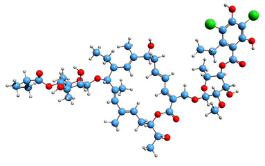 Sticker -  3D image of Fidaxomicin skeletal formula - molecular chemical structure of macrocyclic antibiotic isolated on white background
