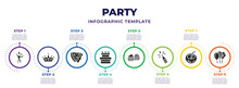 Party Infographic Design Template With Boy Partying, King Crown, Pizza Slice, Sweet Cake, Two Muffins, Opening Champagne Bottle, Bowl With Straw, Three Ornamental Balloons Icons. Can Be Used For