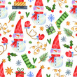 Watercolor seamless pattern-cute snowmen character in hats with elements-star, bell, snowflakes, lights, mittens, a Christmas tree branch.Perfect for wrapping paper.