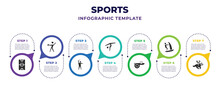 Sports Infographic Design Template With Football Field, Discus Throw, Left Bend, Tumbling, Whistle, Windsurf, Horseball Icons. Can Be Used For Web, Banner, Info Graph.