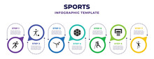 Sports Infographic Design Template With Trail Running, Football Player, Pencak Silat, Football Ball, Hockey, Basketball Basket, Skating Icons. Can Be Used For Web, Banner, Info Graph.