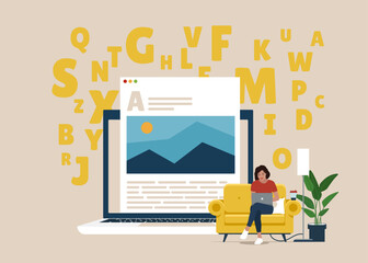 Girl typing text on laptop. Professional writer, author, redactor, journalist, copywriter, content manager, blogger. Vector illustration on white background.
