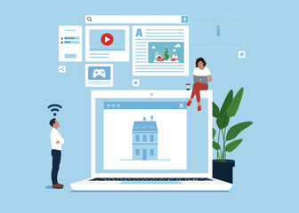 Homepage - web page design on laptop. People working on website homepage development, optimization, setup.
