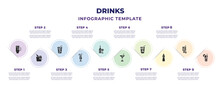 Drinks Infographic Design Template With Pub, Ice Bucket And Bottle, Caipirinha, Tequila Sunrise, Glass And Bottle Of Wine, Last Word Drink, Lime Rickey Drink, Water Jug, Bloody Mary Icons. Can Be
