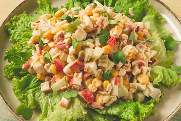 Wall Mural - Canned corn salad, with crab sticks, top view, no people,