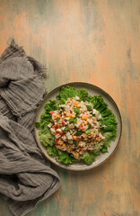 Wall Mural - Canned corn salad, with crab sticks, top view, no people,