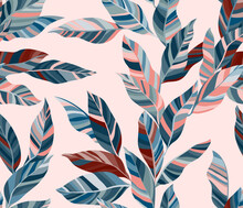 Striped Leaves Tree Branches Vector Seamless Pattern Summer Fasion Textile Print Design.