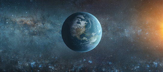 Wall Mural - panoramic view of the earth, sun, star and galaxy. sunrise over planet earth, view from space. eleme
