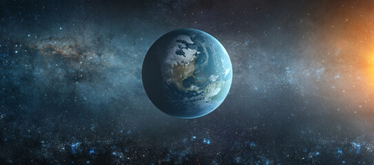 Wall Mural - panoramic view of the earth, sun, star and galaxy. sunrise over planet earth, view from space. eleme