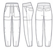 Jogger Pants fashion flat technical drawing template. Slouchy Pants, elastic waistband, oversize, pockets, women, men, unisex, front, side, back view, white, CAD mockup.