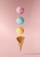 Gelato Ice Cream Cone With Colorful Balls Of Ice Cream Falling. Abstract Infographic Design Of Ice Cream.Food Deconstructed Food Styling Concept.Trendy Collage, Creative Art Minimal Aesthetic