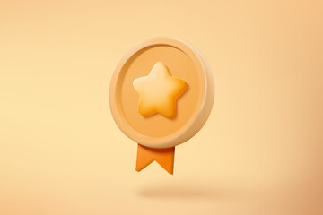 3d winner medal with star and ribbon on pastel yellow background. quality guarantee of product champ