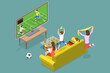 © TarikVision - 3D Isometric Flat Vector Conceptual Illustration of Soccer Watching, Family Watch Football Game on TV