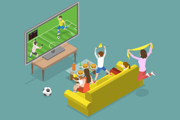 3D Isometric Flat Vector Conceptual Illustration of Soccer Watching, Family Watch Football Game on TV