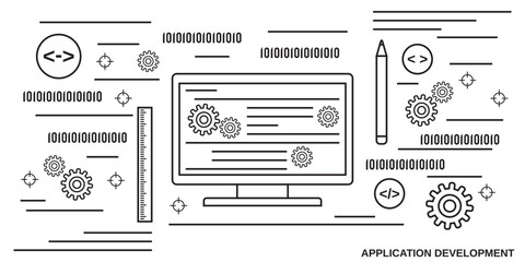 Application development thin line art style vector concept illustration