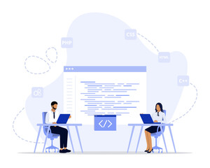 Pair programming concept illustration. Suitable for web landing page, ui, mobile app, editorial design, flyer, banner, and other related occasion.