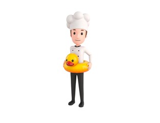 Wall Mural - Chef character with inflatable duck ring in 3d rendering.