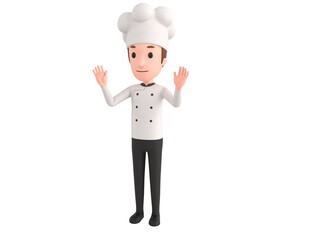 Wall Mural - Chef character raising hands and showing palms in surrender gesture in 3d rendering.