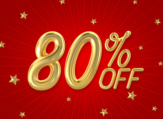 Wall Mural - 80% off golden number on the red background. Sales concept. 3d illustration.