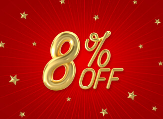 Wall Mural - 8% off golden number on the red background. Sales concept. 3d illustration.