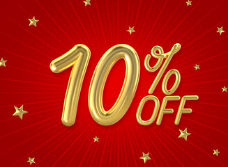 Wall Mural - 10% off golden number on the red background. Sales concept. 3d illustration.