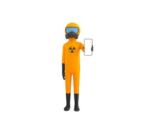 Sticker - Man in Yellow Hazmat Suit character showing his phone in 3d rendering.