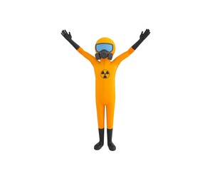 Poster - Man in Yellow Hazmat Suit character spreading his two hands in 3d rendering.