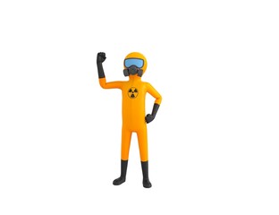 Poster - Man in Yellow Hazmat Suit character raising right fist in 3d rendering.