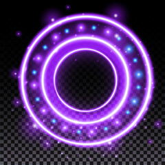 Wall Mural - Purple hologram portal. Magic fantasy portal. Magic circle with halo effect. Vector blue glow scifi teleport with sparks and hologram, technology background.