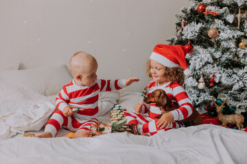 children in red and white pajamas sitting in bed share Christmas sweets with each other and dog