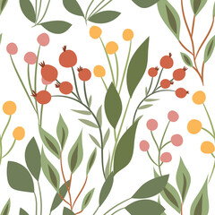 Wall Mural - Seamless floral pattern with various berries and foliage on a white background. Beautiful botanical print with forest herbs in a hand-drawn style. Vector illustration.