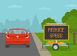 Safe driving tips and traffic regulation rules. Electronic led board indicating to reduce speed. Digital portable road sign. Back view of a traffic flow on a city road. Flat vector illustration.