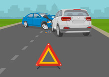Safety Driving Car. Traffic Or Road Accident On Motorway. Crashed Cars On The City Road. Broken Down Cars On Highway With Warning Sign. Flat Vector Illustration Template.