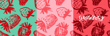 Strawberry Pattern Seamless, Strawberries Illustration, Hand-drawn Vector Red Berry For Vegan Banner, Juice Or Jam Label Design. Ripe Berries Background For Baby Food Packaging. Strawberry Backdrop.