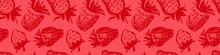 Strawberry Pattern Seamless, Strawberries Illustration, Hand-drawn Vector Red Berry For Vegan Banner, Juice Or Jam Label Design. Ripe Berries Background For Baby Food Packaging. Strawberry Backdrop.